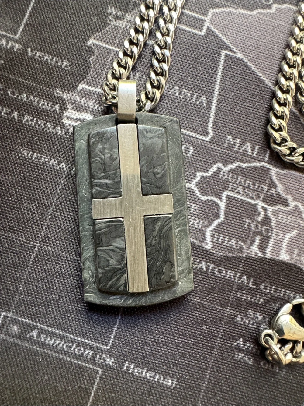 Men's Silver Cross Dog Tag Necklace - Black Pendant